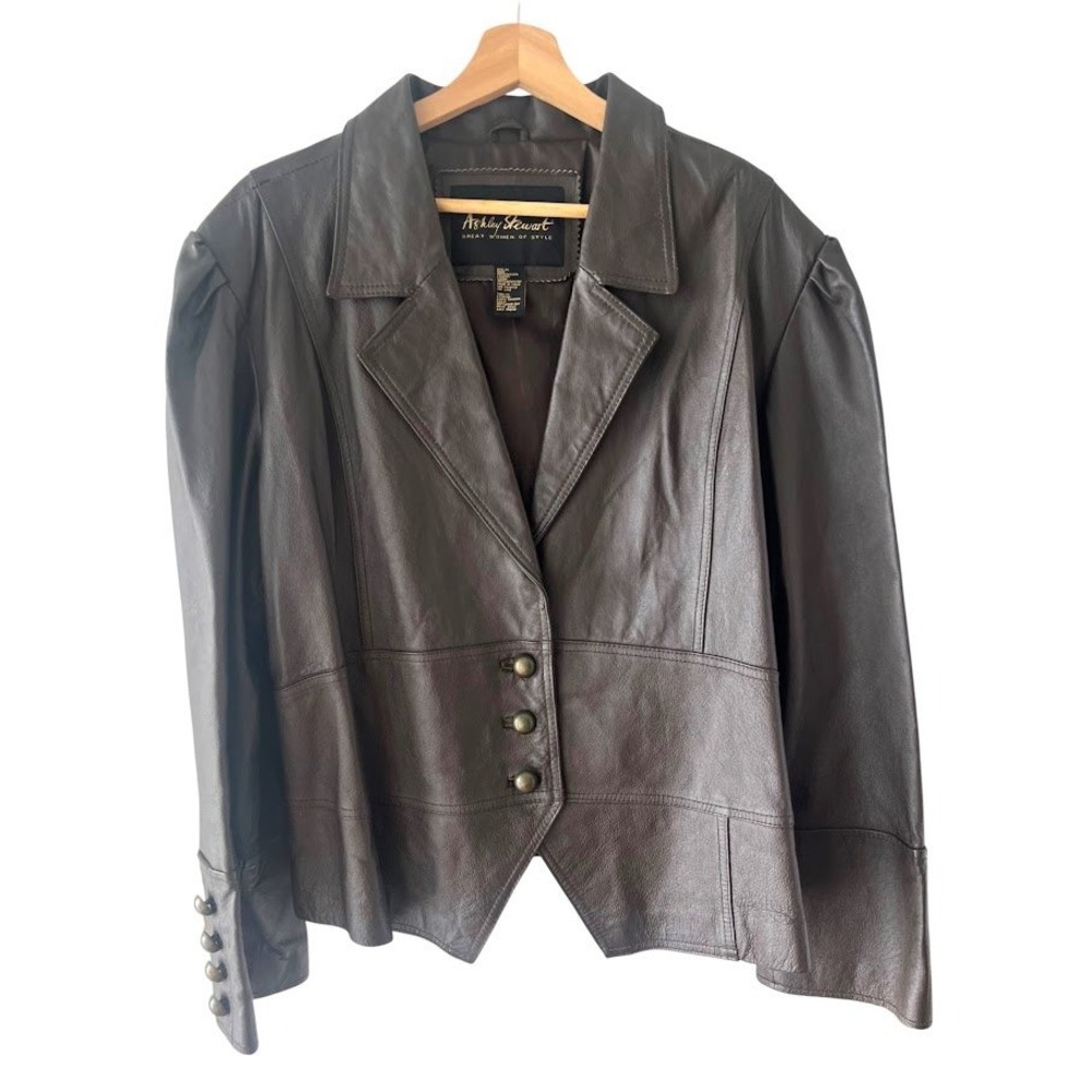Ashley Stewart Vintage Y2K Leather Blazer 3X Brown Puff Sleeve Fitted Jacket
